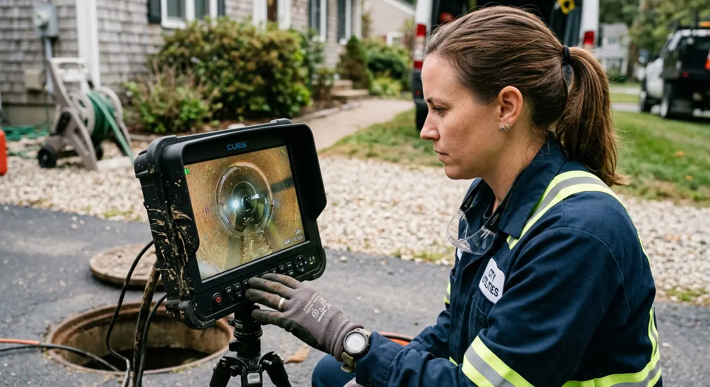 Technician reviewing sewer camera inspection footage in South Windsor
