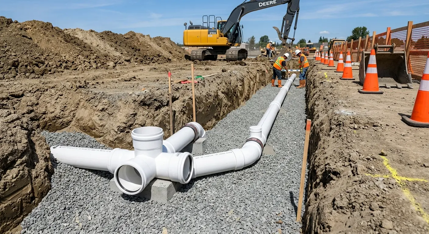 New PVC sewer pipe installation in open trench for Sewer Backup in South Windsor