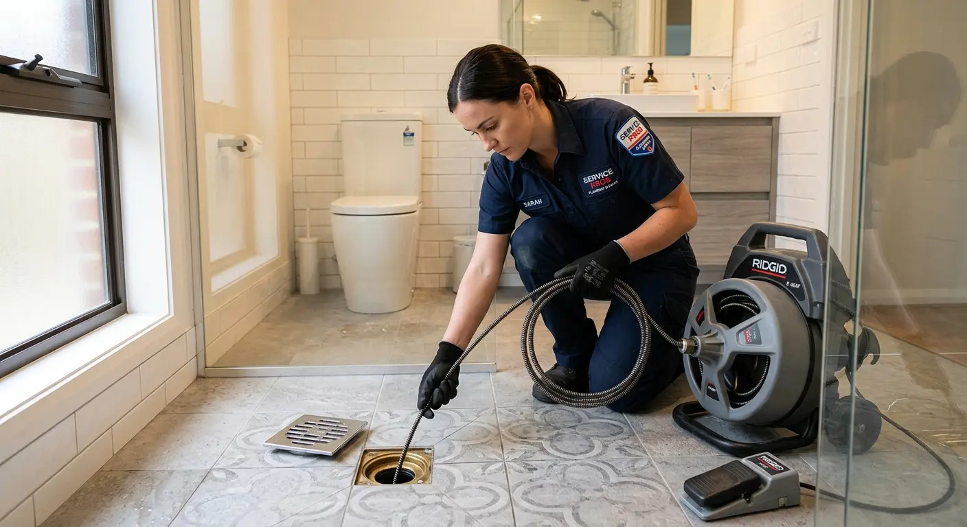 Technician clearing a bathroom floor drain for Clogged Drain Repair in South Windsor